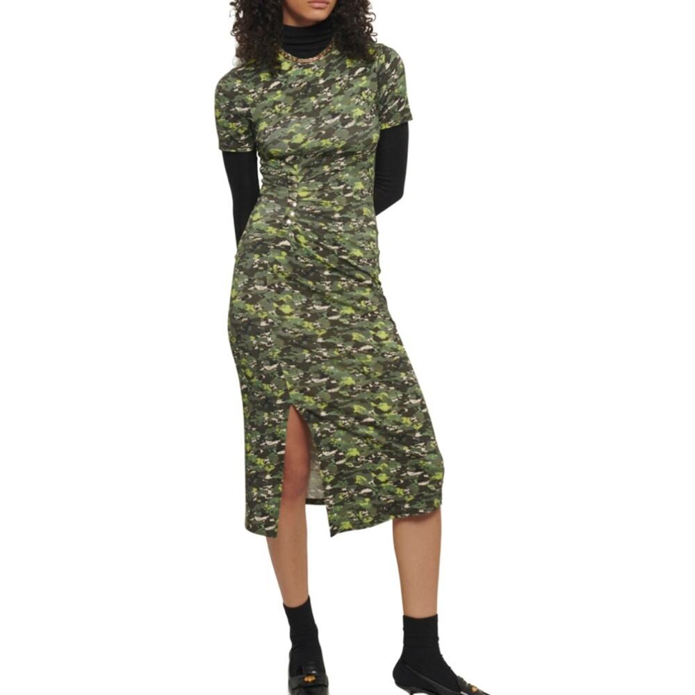 Derek Lam 10 Crosby Womens S Lucielle Camo Ruched Studded Midi Dress NEW